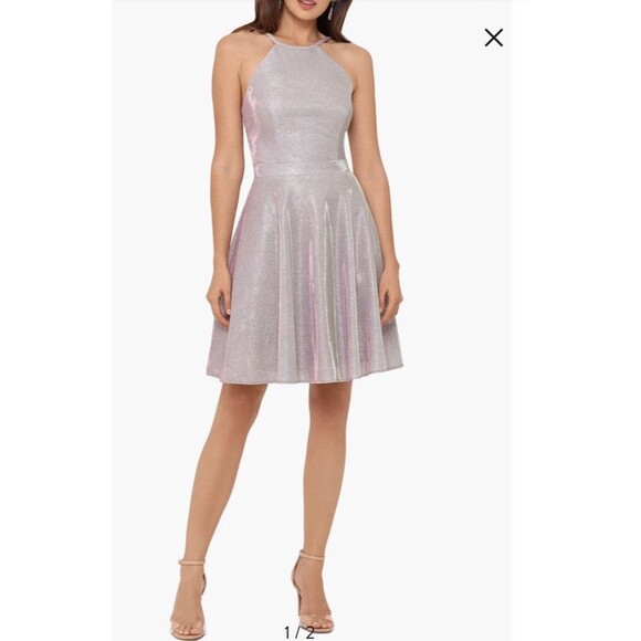 Xscape Halter Neck Metallic Pink Cocktail Dress Prom Formal Sz 8 Open Back - Picture 1 of 12
